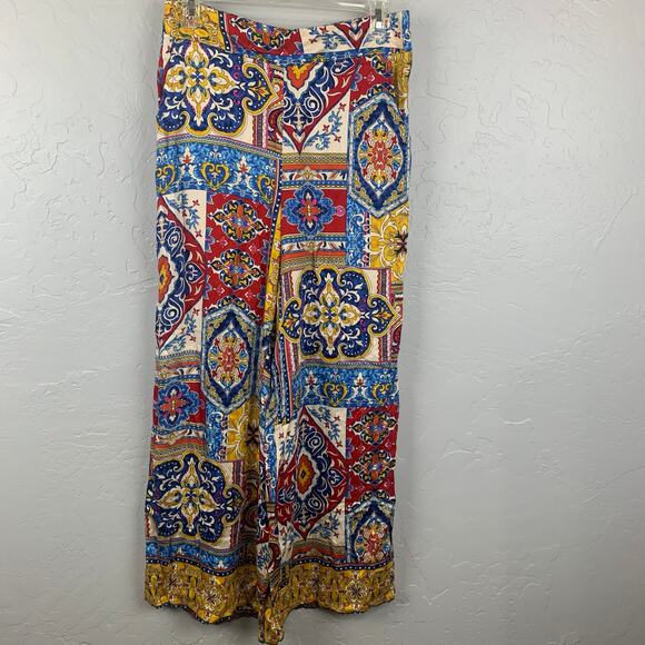 Haute Hippie Wide Leg Pants Womens Small Beige Blue Red Boho Print Pull On - Picture 2 of 8